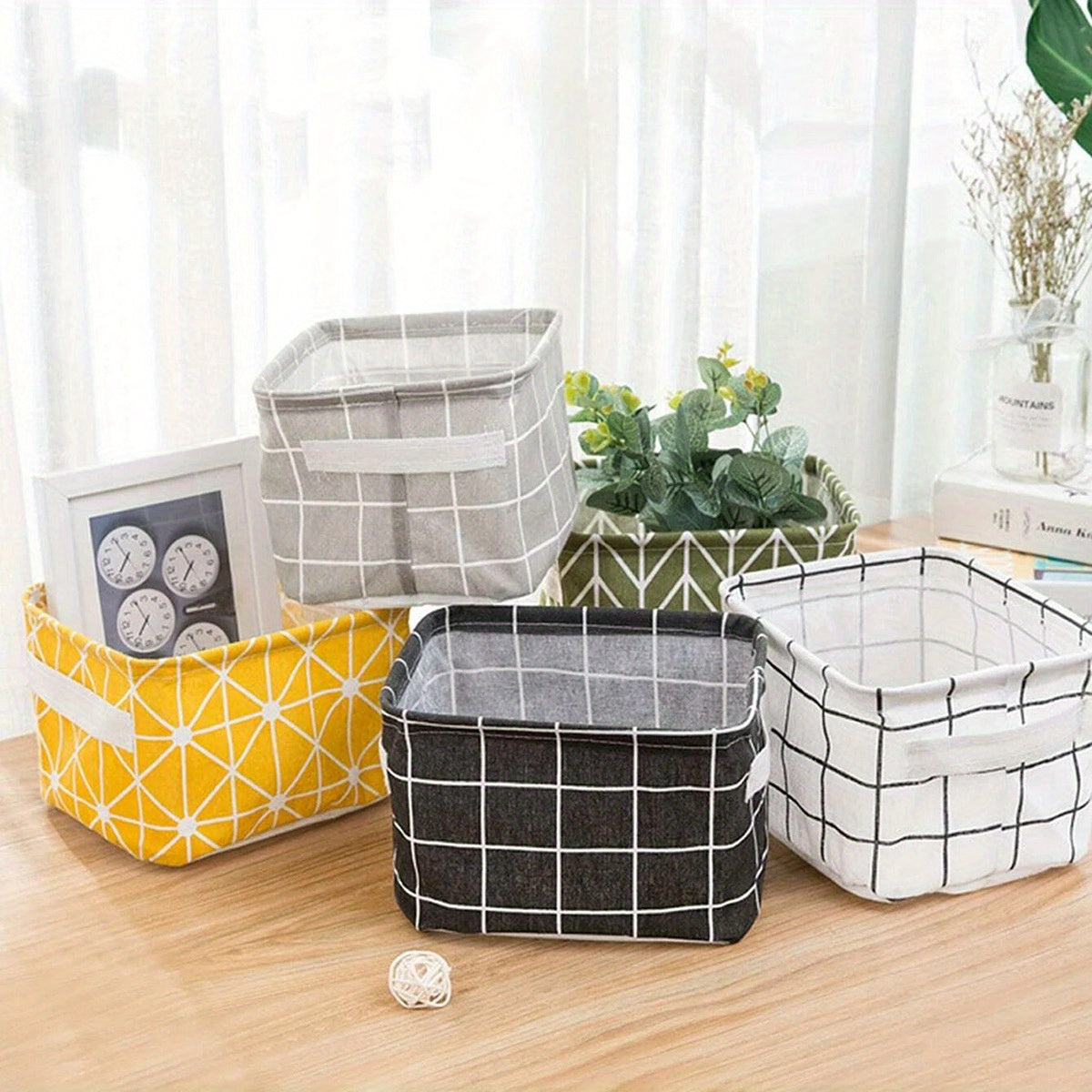 5pcs Square Fabric Storage Bins with Handles, Collapsible Laundry & Toy Baskets in Geometric Patterns, Durable Fabric for Bedroom, Living Room, or Playroom Organization, Laundry Baskets