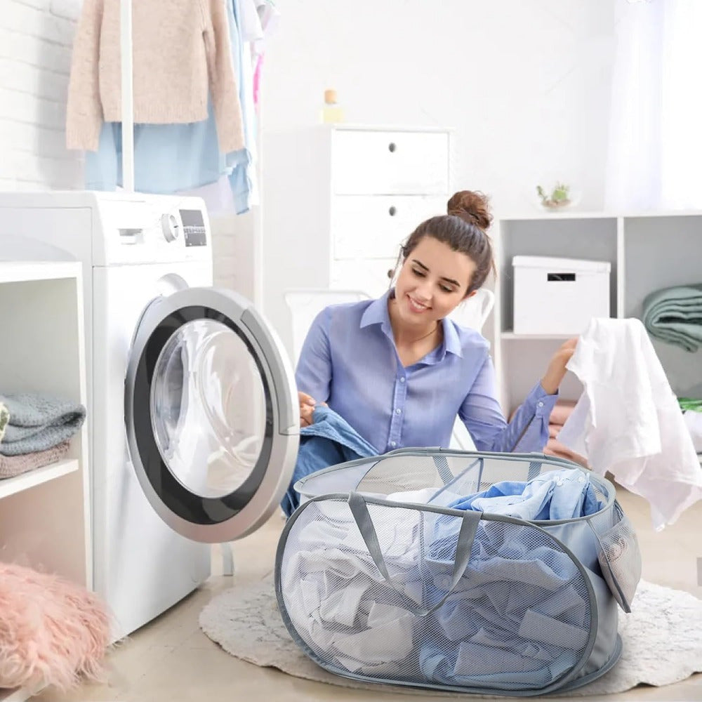 2pcs Pop-Up Mesh Laundry Baskets, Collapsible, Foldable, Lightweight, with Durable Plastic Handles, for Laundry Room, Contemporary Style